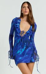 Alesya Mini Dress - Ruffle Plunge Neck Long Sleeve Tie Detail Dress in Blue Abstract