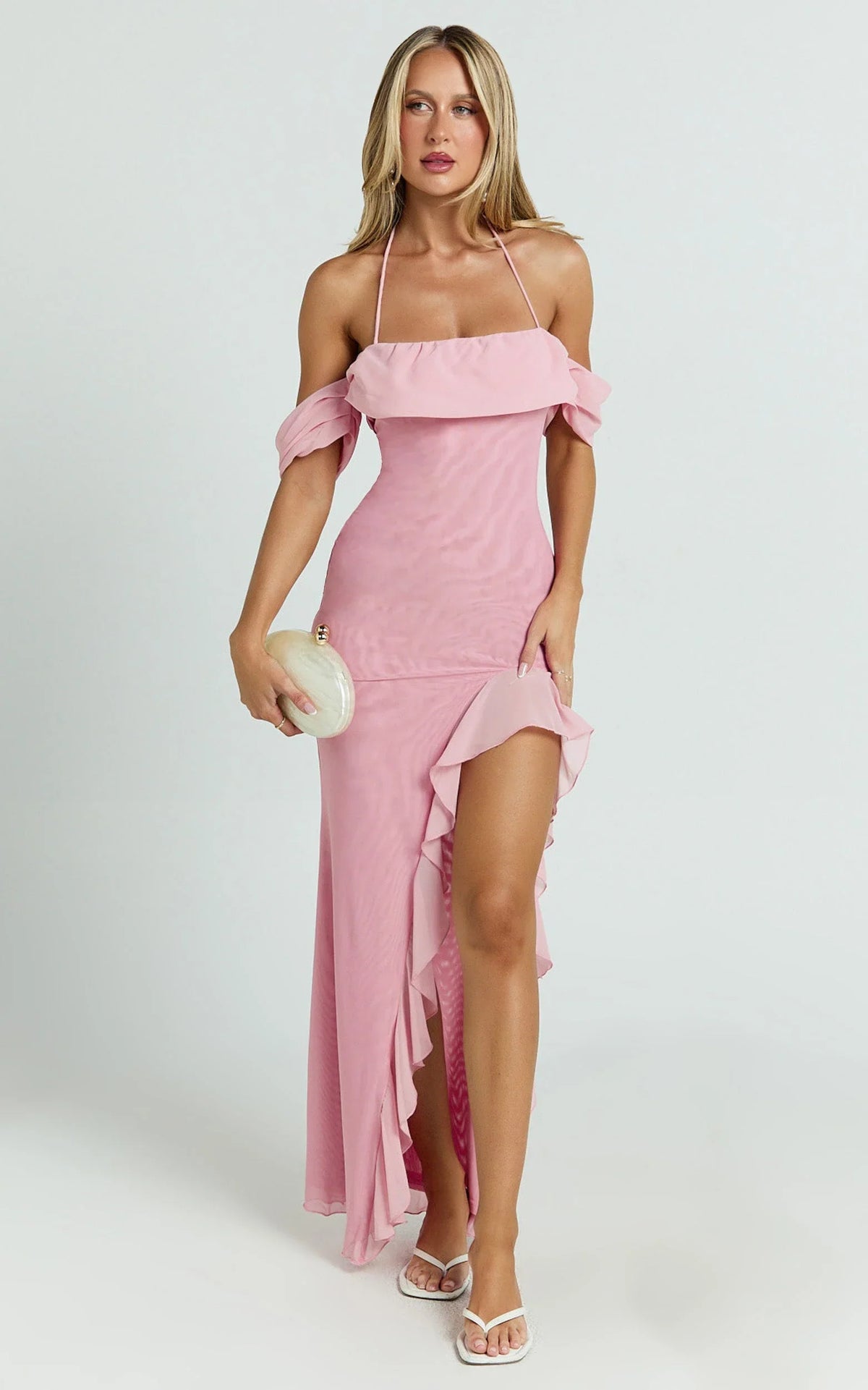 Mirabella Maxi Dress - Off Shoulder Asymmetrical Ruffle Split Dress in Blush