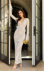 Paula Maxi Dress - Lace V Neck Long Sleeve Column Dress in White