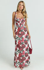 Mabel Maxi Dress - Georgette Frill Sleeve Sweetheart Bias Cut Dress in Rose Blanca