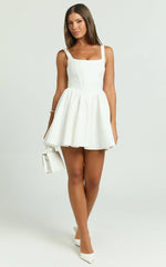 Aimee Mini Dress - Scoop Neck Corset Gathered Dress in White