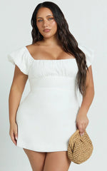 Ginny Mini Dress - Square Neck Ruched Bodice Puff Sleeve Straight Dress in White