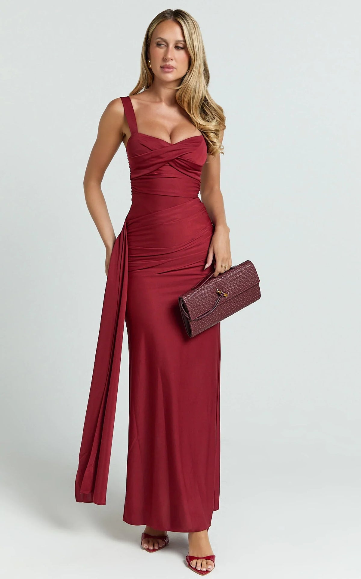 Roxanne Maxi Dress - Sweetheart Neck Gathered Bodycon Dress in Red