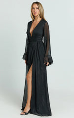 Dangerous Woman Maxi Dress - Plunge Thigh Split Dress in Black