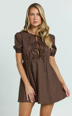 Hattie Mini Dress - Tie Front Puff Sleeve Dress in Chocolate