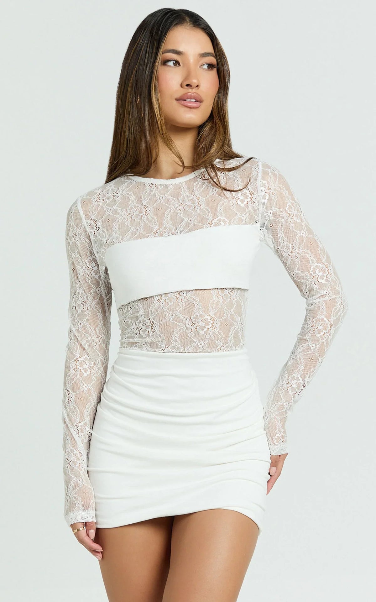 Imelda Mini Dress - Contrast Lace Long Sleeve Ruched Bodycon Dress in Cream