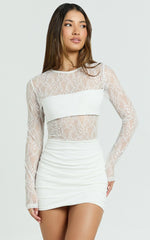 Imelda Mini Dress - Contrast Lace Long Sleeve Ruched Bodycon Dress in Cream