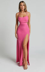 Reviena Maxi Dress - Cut Out Cowl Neck Dress in Hot Pink