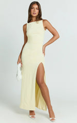 Audette Maxi Dress - Boat Neck Ruched Fitted Dress in Lemon