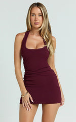 Lucinda Mini Dress - Scoop Neck Ruched Bodycon Dress in Burgundy