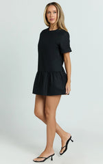 Lyons Mini Dress - High Neck Short Sleeve Drop Waist Gathered Skirt Dress in Black