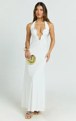 Denise Maxi Dress - Halter U Ruched Neck Cut Out Jersey Dress in White