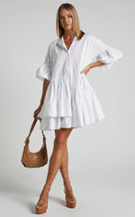 Elowen Mini Dress - Button Up Asymmetrical Tiered Smock Dress in White