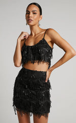 Khrizza Mini Skirt - Sequin Diamond Mesh Skirt in Black