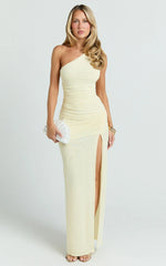 Georgia Maxi Dress - Mesh One Shoulder Ruched Bodycon Dress in Lemon