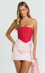 Olympia Mini Dress - Contrast Draped Strapless Fit And Flare Dress in Red/Pink