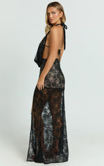 Esmeralda Maxi Dress - Low Cowl Halter Lace Fit And Flare Dress in Black