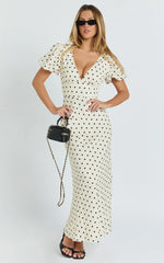 Elise Midi Dress - V Neck Puff Sleeve Dress in White Polka Dot