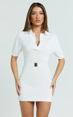 Jenner Mini Dress - Henely Button Front Short Sleeve Fitted Skirt Knit Dress with Hardware Detail in White