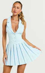 Hannah Mini Dress - Tailored Button Down Pleated Mini Dress in Blue