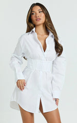 Athena Mini Dress - Collared Button Front Corset Waist Workwear Shirt Dress in White