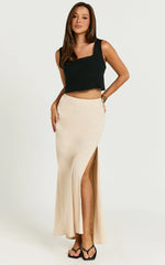 Olivia Maxi Skirt - Mid Waisted Linen Bias Cut Split Skirt in Natural