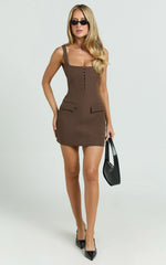 Marcia Mini Dress - Scoop Neck Hook And Eye Front Bodice Fitted Dress in Brown