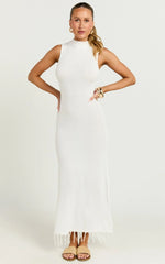 Beatrice Maxi Dress - High Neck Bodycon Knit Dress in White