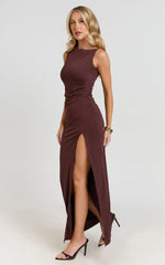 Audette Maxi Dress - Boat Neck Ruched Fitted Dress in Chocolate