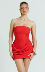 Natalie Mini Dress - Strapless Draped Skirt Dress in Red