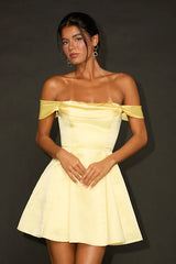 Rhylee Light Yellow Satin Lace-Up Off-the-Shoulder Mini Dress