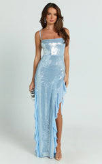 Belize Maxi Dress - Sequin Asymmetric Ruffle Split Bodycon Dress in Sky Blue