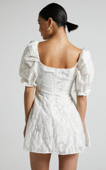 Brailey Mini Dress - Puff Sleeve Fit and Flare Dress in White