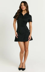 Noemie Mini Dress - Short Sleeve Faux Wrap Dress in Black