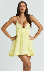 Jemima Mini Dress - Plunge Fit And Flare Dress in Lemon