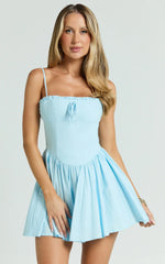 Julianne Mini Dress - Sweetheart Neck Drop Waist Pleated Dress in Light Blue