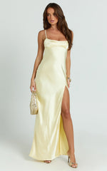 Natalie Maxi Dress - Satin Scoop Neck Low Tie Back Slip Dress in Lemon