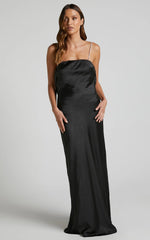 Arichie Maxi Dress - Cowl Back Diamante Strap Satin Dress in Black