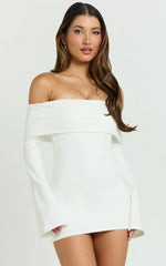 Esme Mini Dress - Off Shoulder Wide Sleeve Fitted Skirt Dress in Off White