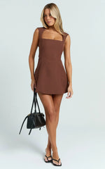 Sakura Mini Dress - Square Neck Wide Strap A Line Skirt Dress in Chocolate