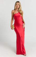 Helga Maxi Dress - Satin One Shoulder Cowl Back Bias Cut Dress in Red