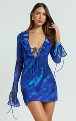 Alesya Mini Dress - Ruffle Plunge Neck Long Sleeve Tie Detail Dress in Blue Abstract