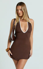 Allura Mini Dress - Deep V Halter Neck Tie Back Dress in Chocolate
