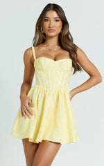 Eden Mini Dress - Jacquard Sweetheart Neck Lace Up Fit And Flare Dress in Yellow