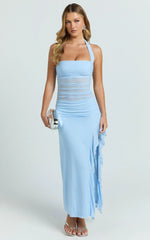 Almarie Midi Dress - Halter Neck Mesh Dress in Blue