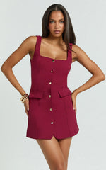 Kenna Mini Dress - Square Neck Button Down Mini Dress in Wine