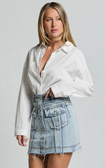 Gennlee Mini Skirt - Cotton Contrast Denim Skirt in Light Wash Blue