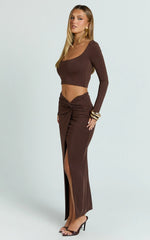 Owen Two Piece Top and Skirt Set - Long Sleeve Crop Top and Knot Front Maxi Skirt Set in Chocolate