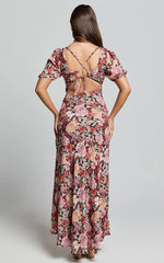 Lorie Maxi Dress - Short Sleeve Cut Out Tie Back Dress in Boheme Floral