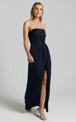 Hathaway Maxi Dress - Strapless Straight Neck Twist Front Split in Navy